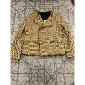 NEW Ann Taylor Womens Yellow Navy Blue Tweed Fringe Blazer Jacket Size 6